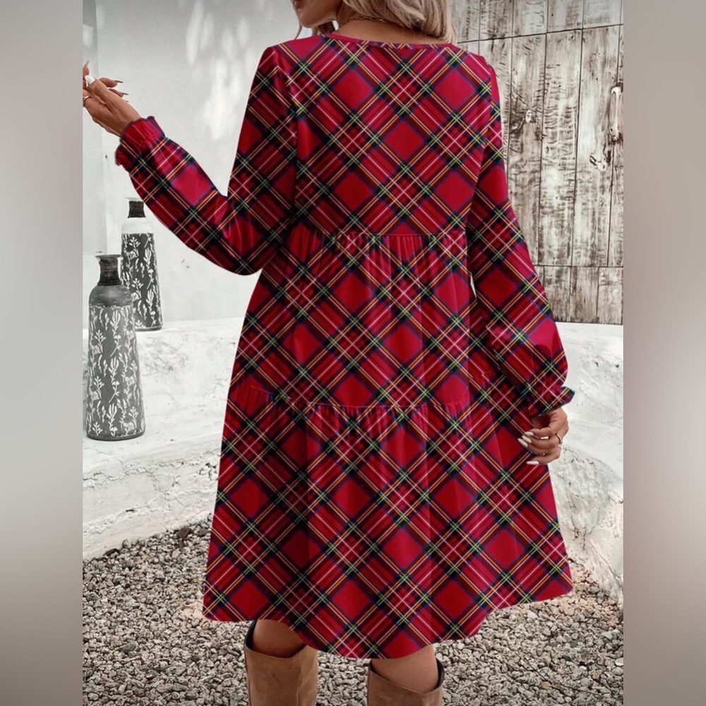 Plaid Red Long Sleeve Swing Dress - Picture 2 of 7